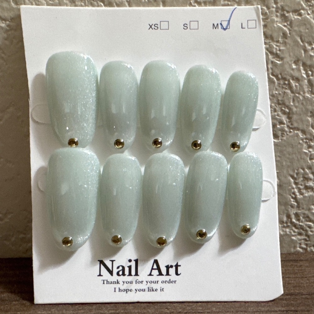 Light Blue Shimmer Press On Nails Almond Shape with Gold Stud Detail Size Medium